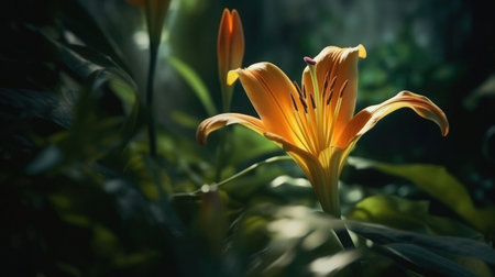Close-up photograph of an orange lily flower in full bloom.の素材