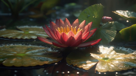 A close-up of a beautiful red water lily flower in a pond surrounded by green lily pads.の素材