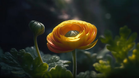 A close-up photograph of a yellow ranunculus flower in full bloom with a bud next to it.の素材