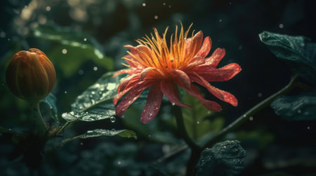 Raindrops on delicate orange flower petals in soft focus with blurred backgroundの素材