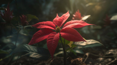 A beautiful red poinsettia flower in bloom with green leaves and sunlight.の素材