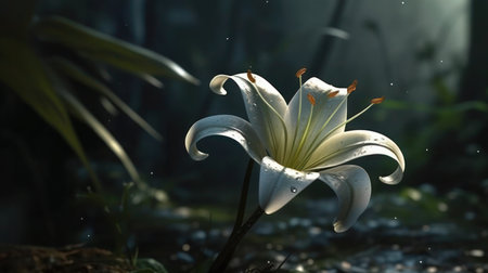 A white lily flower with water droplets on its petals in a dark natural settingの素材
