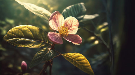 A beautiful pink magnolia flower in full bloom with green leaves and sunlight.の素材