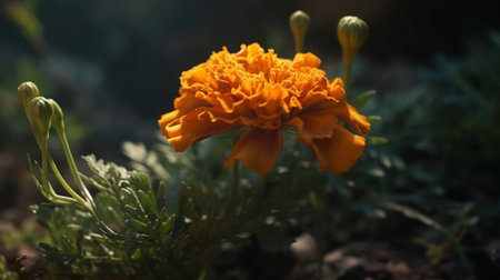 A close-up photograph of a single orange flower in full bloom with green foliage in the background.の素材