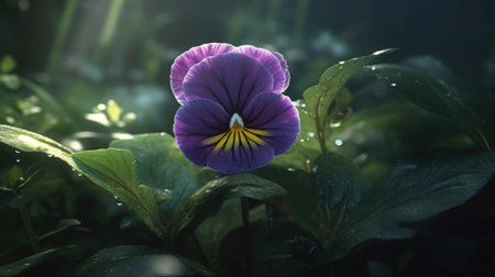 A close-up of a purple pansy flower with dew on the petals and leaves.の素材