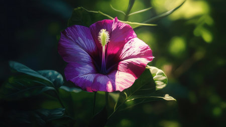 Close-up of a vibrant purple hibiscus flower in full bloom.の素材