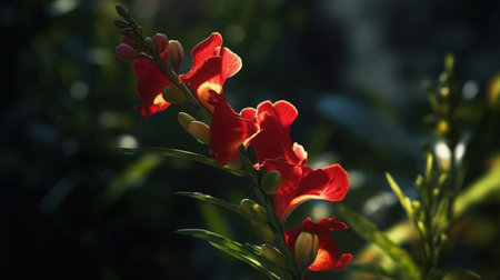A close-up photograph of a red flower in full bloom against a blurry garden background.の素材