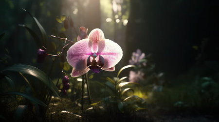 A pink orchid flower in bloom with green leaves in a dark forest with sunlight filtering through the treesの素材