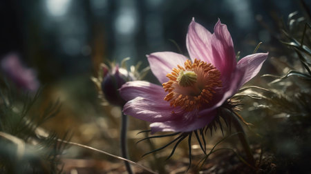 A close-up of a delicate pink flower in full bloom with a blurred backgroundの素材