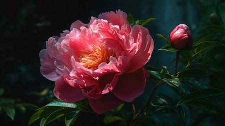 A beautiful pink peony flower in full bloom with a bud and green leaves, captured in a close-up photograph with a blurred background.の素材
