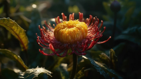 A stunning close-up image of a vibrant red and yellow flower in full bloom with water droplets on its petals.の素材