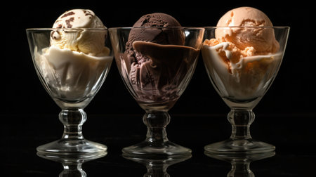 Three glass cups of different ice cream flavors sit side by side against a black background.の素材