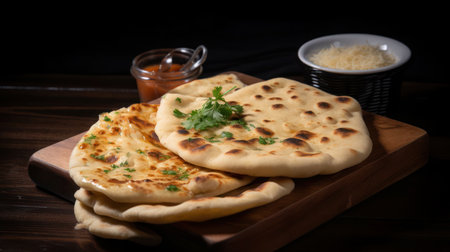 Naan bread with herbs and cheese on a wooden boardの素材