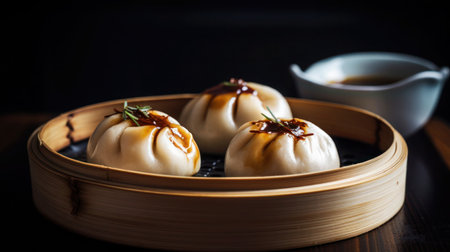Steamed dumplings with soy sauce in a bamboo steamerの素材