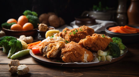 A delectable plate of crispy fried chicken and an assortment of fresh vegetables on a wooden table.の素材