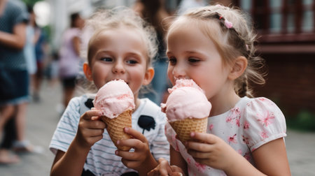 Two young girls enjoy eating ice cream cones on a warm summer day.の素材