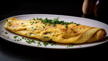 A delectable and fluffy omelet topped with fresh herbs, served on a white plate.の素材
