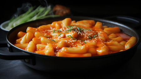 A close-up view of a traditional Korean dish, tteokbokki, made with soft rice cakes in a spicy red sauce, garnished with sesame seeds and green onions.の素材
