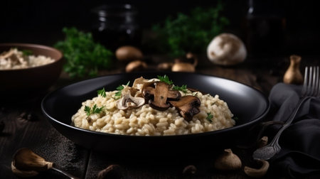 A plate of risotto with porcini mushrooms and parsley garnish on a wooden table.の素材
