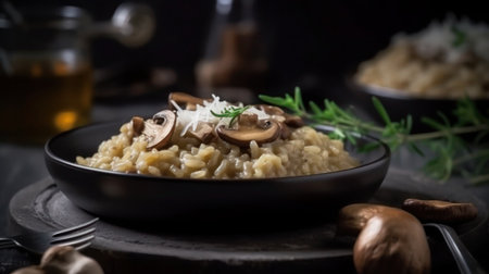A plate of creamy mushroom risotto with parmesan cheese and fresh herbs.の素材
