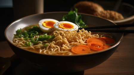 A bowl of ramen with chopsticks and a half boiled egg on a wooden table.の素材