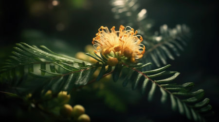 A close-up of a yellow flower with green foliage in the backgroundの素材