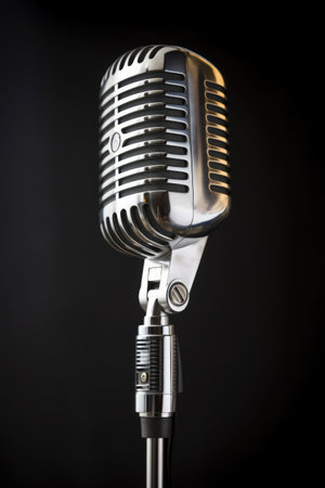 Close up of a vintage microphone on a black backgroundの素材
