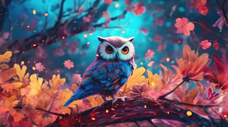 A brightly colored owl perched on a branch in a magical forest with glowing flowers and lights.の素材
