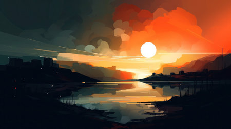 A digital painting of a sunset over a calm lake with mountains in the background.の素材