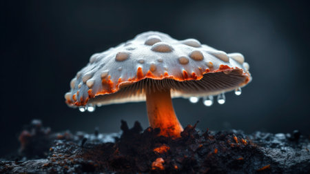 A glowing orange-stemmed mushroom with water droplets on its white cap.の素材