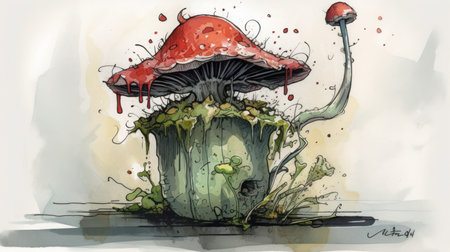 A watercolor painting of a red and green fantasy mushroom with a face and gooey texture.の素材