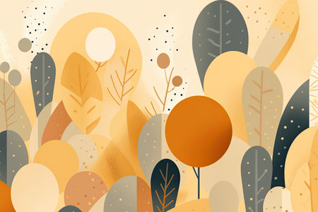 Abstract landscape with geometric shapes and foliage in warm colorsの素材