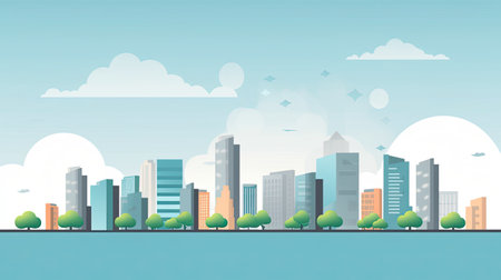 A cityscape with skyscrapers and trees under a blue sky.の素材