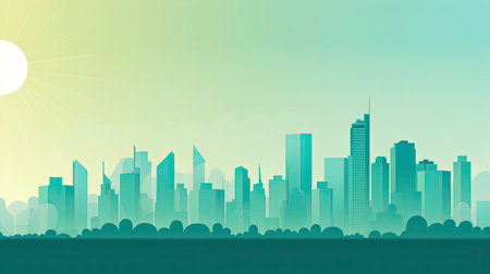 A green cityscape with sunlight and trees.の素材