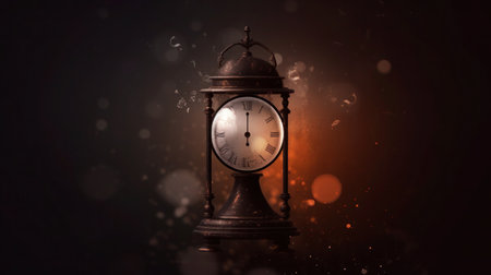 An ornate antique clock with glowing numerals in a dark void.の素材