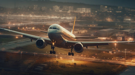 A passenger jet is landing on a runway at dusk with the city lights in the background.の素材
