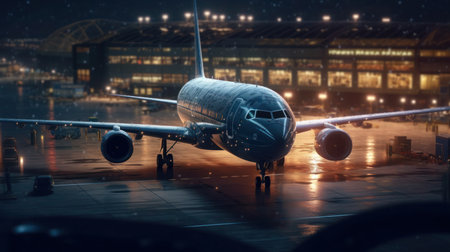 A commercial airplane is parked on the runway at night with a blurred background of lights.の素材