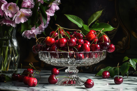 A still life photo of a bowl filled with bright red cherries and pink flowers, set on a marble table against a dark background.の素材