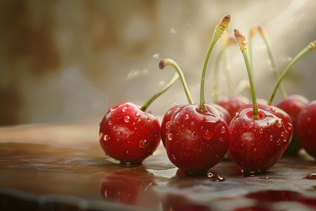 A close-up image of red cherries with water droplets on a brown surface. The cherries are arranged in a row with their stems pointing upwards. The water droplets are scattered across the cherries and surface, creating a shiny and reflective effect.の素材