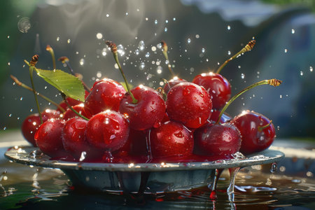 A close-up photograph of a bowl of red cherries submerged in water, with water droplets and a blurred background.の素材