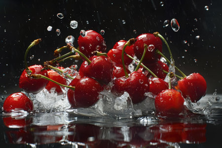 A close-up image of red cherries splashing into water with rain droplets falling around them.の素材