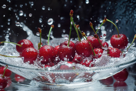 A close-up photograph of red cherries splashing in a glass bowl filled with water, with the background blurred.の素材