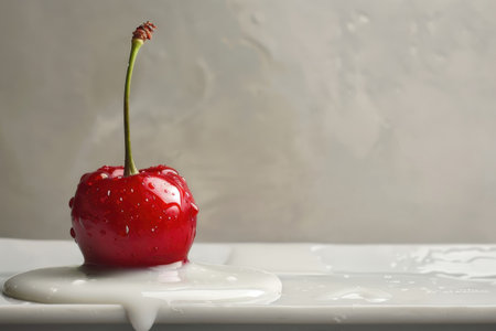 A single red cherry, glistening with water droplets, rests on a white plate in a pool of milk.の素材