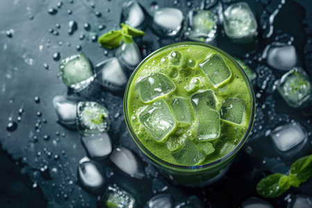 A close-up of a glass of green smoothie with ice cubes and fresh mint leaves, on a dark background.の素材