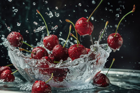 A close-up of red cherries splashing into a glass bowl of water against a black background.の素材