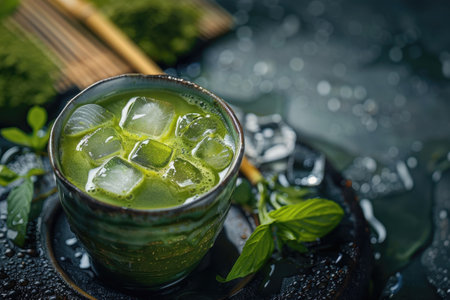 A close-up shot of a green tea iced drink in a ceramic cup with ice cubes.の素材