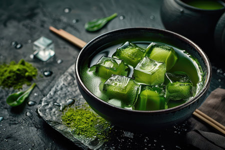 A bowl of green matcha tea with ice cubes, creating a cool and refreshing drink.の素材