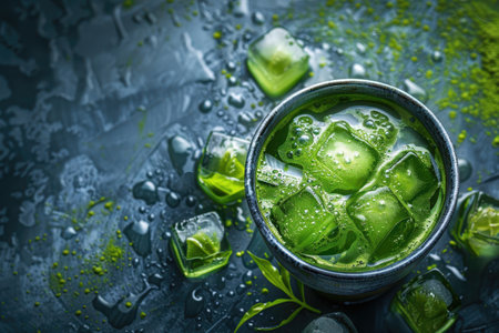 A close-up of a refreshing iced green tea drink with ice cubes and water droplets on a dark surface.の素材