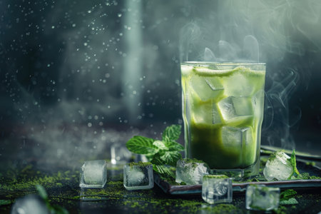 A close-up of a steaming glass of iced matcha drink with mint leaves and ice cubes on a dark background.の素材