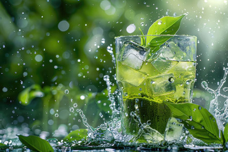 A glass of green tea with ice, surrounded by water splashes and green leaves, creating a refreshing summer beverage image.の素材